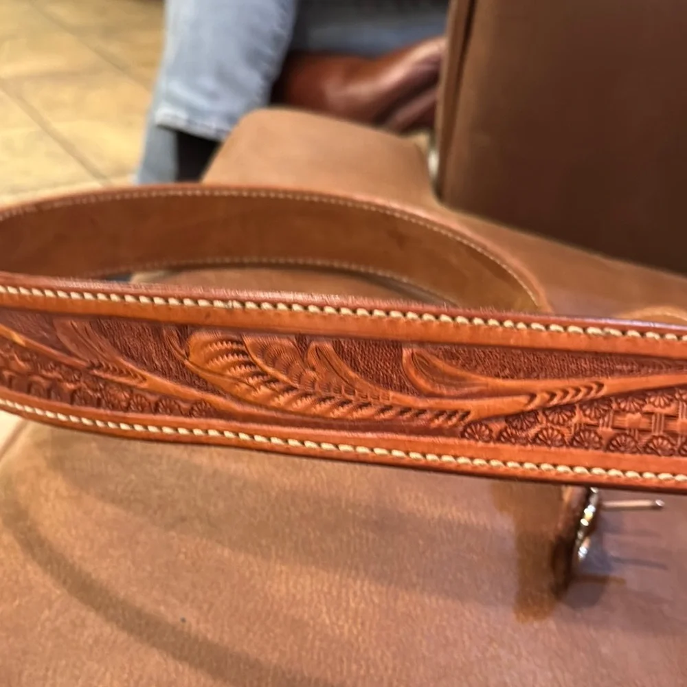 Rod Kibler Embossed Leather Belt with Stitching EUC